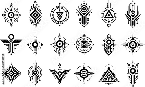 Obraz na płótnie Cyberpunk geometric tribal tattoo set, 18 futuristic sci-fi glyphs and tech sigi