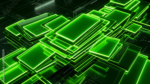 Intricate digital pattern of glowing neon green geometric shapes and circuitry creating a futuristic abstract technological landscape perfect for digital art and science concepts