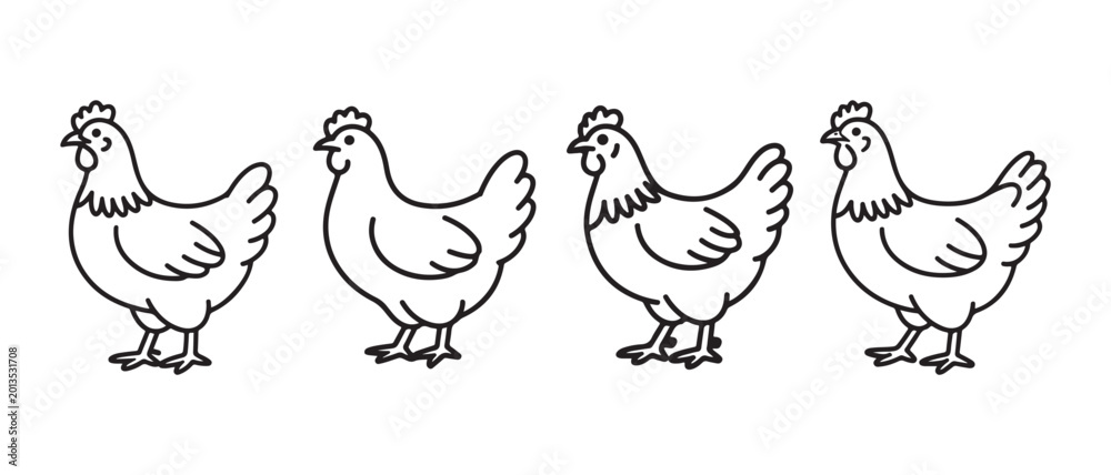 Fototapeta premium Cartoon chickens standing in a row on white background.