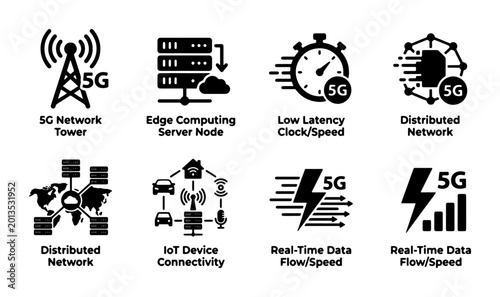 Tableau sur toile 5G Technology Icons: Network Tower, Edge Computing, Low Latency, IoT, Real-Time