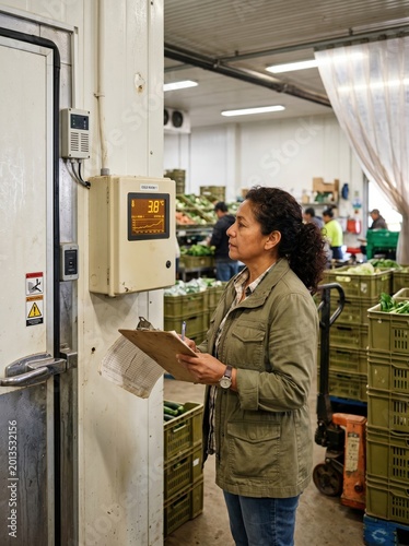 Mature woman checking temperature control panel in food warehouse for cold storage management, supply chain logistics and agricultural food safety quality control