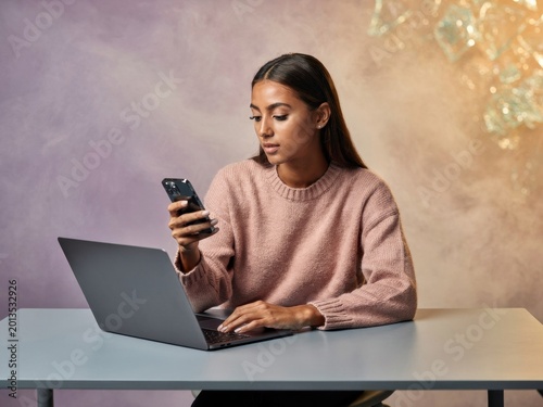 Focused young woman in a pink sweater multitasking with a laptop and smartphone for digital lifestyle blogs, remote work advertising and mobile technology campaigns