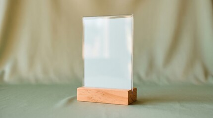 Blank upright sign holder on a wooden base stands on a green fabric surface for retail point of sale, boutique price tags and restaurant menu mockups with copy space