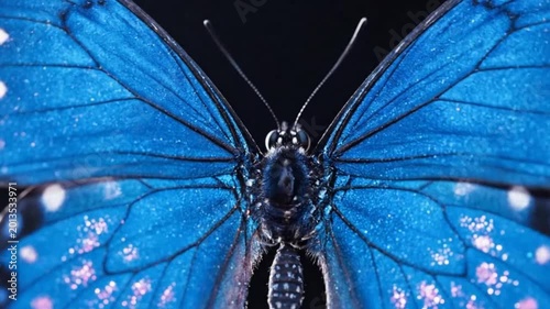 Blue butterfly with pink spots highlighting geometric patterns and contemporary art