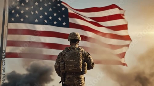 Soldier in uniform facing American flag representing the awe-inspiring power of nature
