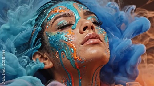 Woman with colorful paint on face for creative digital media and visual arts