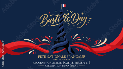 Tableau sur toile Bastille Day Celebration Poster Featuring French Tricolor Theme and Festive Ribbons