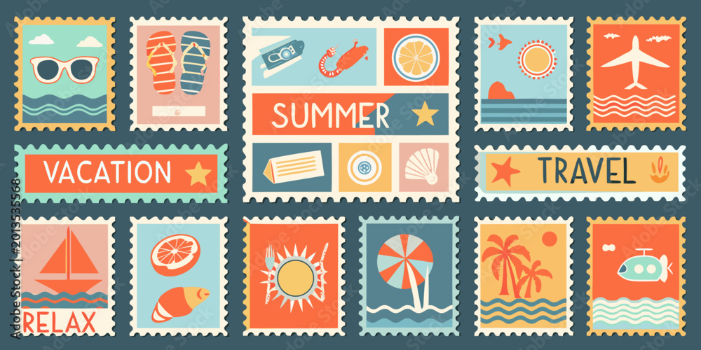 Fototapeta premium Collection of colorful summer vacation postage stamps with travel themed illustrations high quality professional detailed