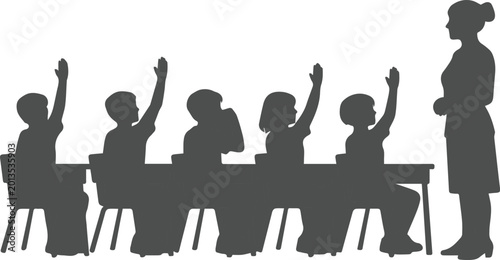 Tableau sur toile Classroom education vector silhouette, elementary school students raising hands, teacher instructing, learning environment illustration, academic success concept