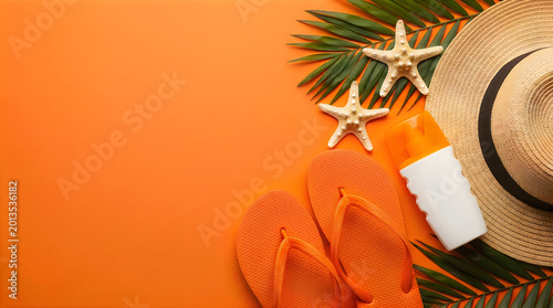 Summer vacation concept with straw hat flip flops and starfish on orange background for travel holiday advertisement