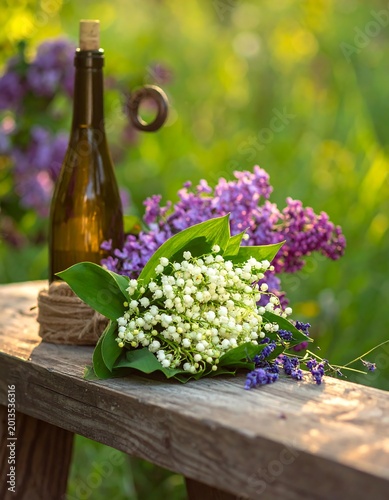 Bottle, flowers, and twine on rustic wood