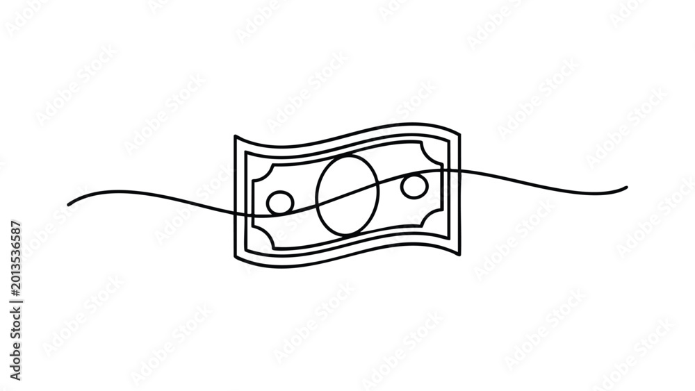 Fototapeta premium Paper money bill, single continuous line drawing, isolated on transparent background.