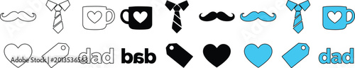 Father's Day Icon Set, 18 vector elements for dad, including mustaches, ties, coffee mugs, hearts, and gift tags. Perfect for celebrating fathers and paternal figures.