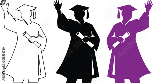 Graduation ceremony silhouette vector set, three diverse graduates in academic caps and gowns, celebrating achievement with diplomas, ideal for educational success and commencement designs.