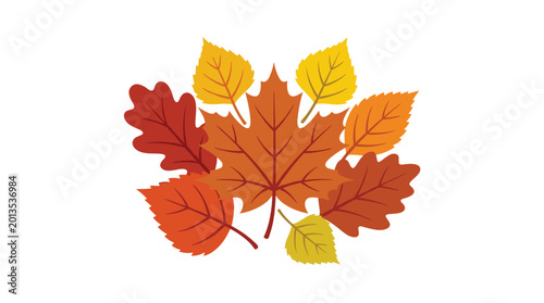 A small arrangement of seven colorful autumn leaves in shades of red and yellow is displayed on a clean white background in a simple flat vector illustration.