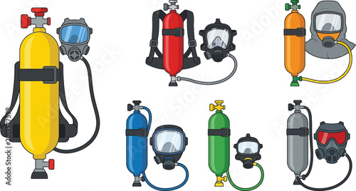 Tableau sur toile Colorful set of scuba diving tanks and masks flat vector illustration of essenti