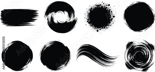 Abstract black ink textures set with grunge brush strokes splattered paint circles and hand drawn artistic wash elements for zen logos and creative graphic design