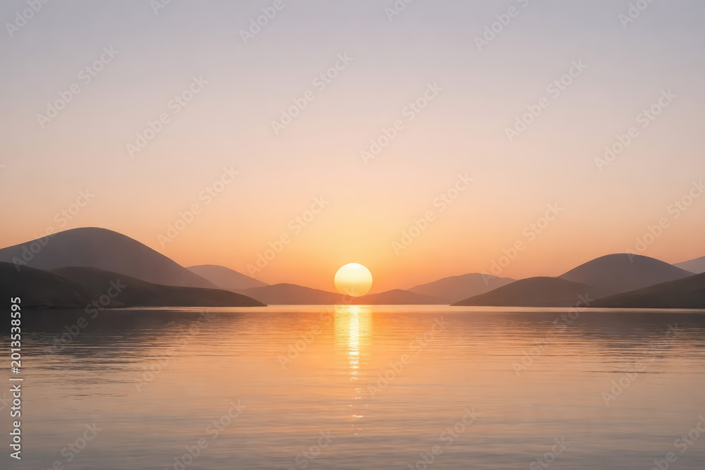 Naklejka premium Warm sunset over calm lake water with silhouetted mountain ranges and soft golden light reflecting on the surface at dusk
