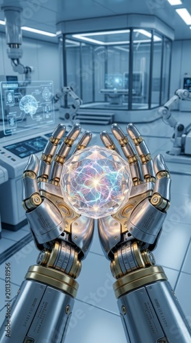 Robotic hands holding glowing crystal in laboratory