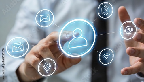 Digital Connectivity: A person interacts with an array of interconnected digital icons, highlighting modern communication and information sharing. 