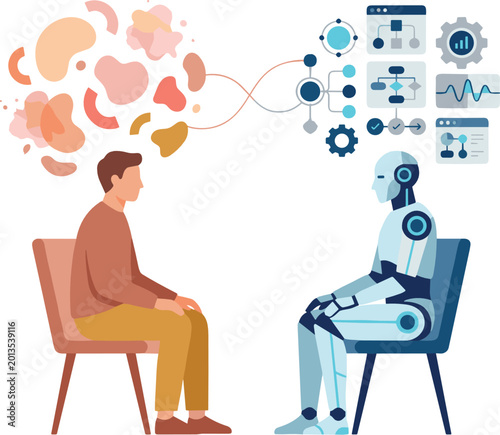 Artificial Intelligence Robot Counselor Analyzing Human Thoughts and Emotions for Mental Health Support, Digital Psychological Therapy, and Future Cognitive Healthcare Solutions Vector Illustration