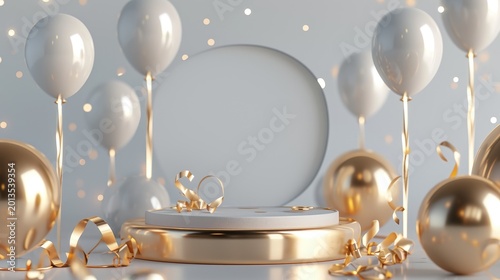 Stylish product display with gold and white balloons, a circular background, and a two-tiered gold and white platform with gold ribbon.