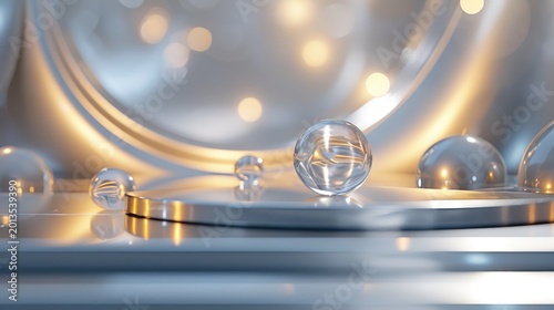 Several clear glass spheres sit on a sleek metallic platform against a blurred background with warm lighting.