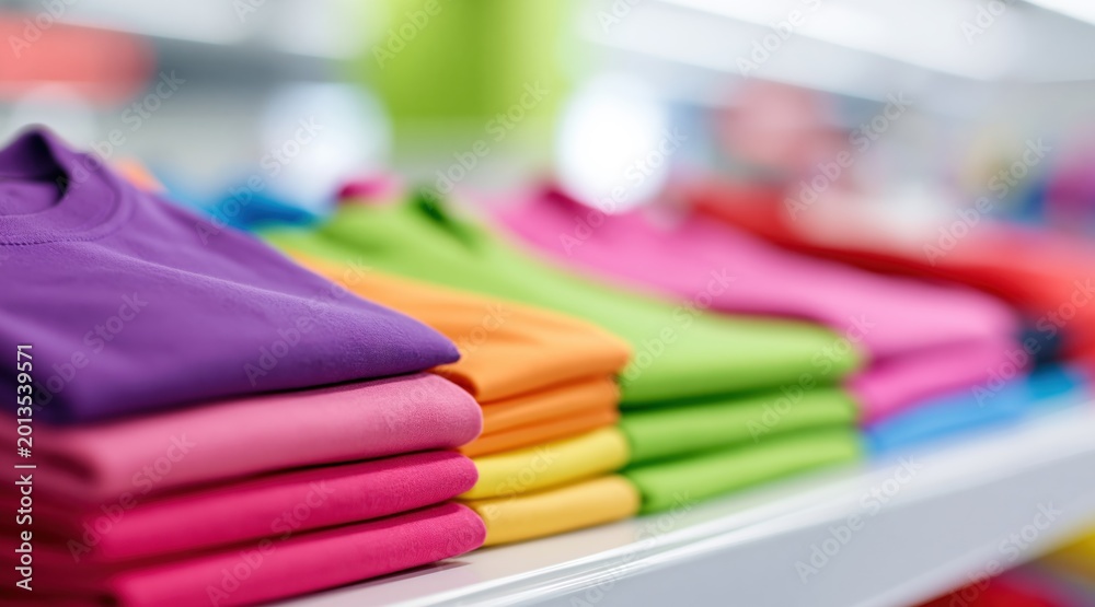 Fototapeta premium Brightly colored folded t-shirts stacked on retail shelf