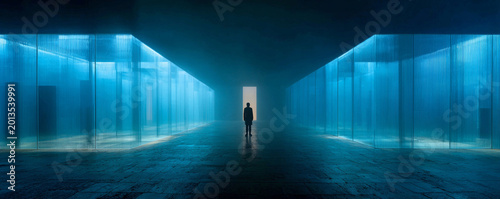 Diffused fog-filtered lights casting glowing edges on glass walls 32k ultra HD