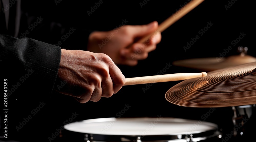 Naklejka premium Close up of drummer hands holding wooden sticks playing on hi-hat and snare drum