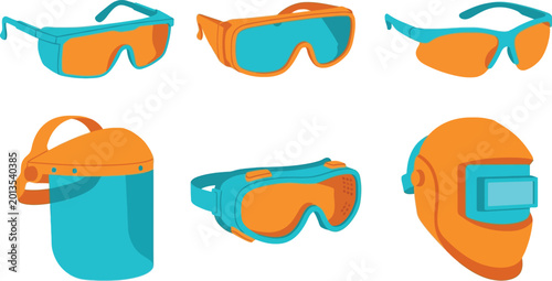 Set of various industrial safety glasses goggles face shield and welding helmet flat vector illustration of personal protective equipment for workplace protection