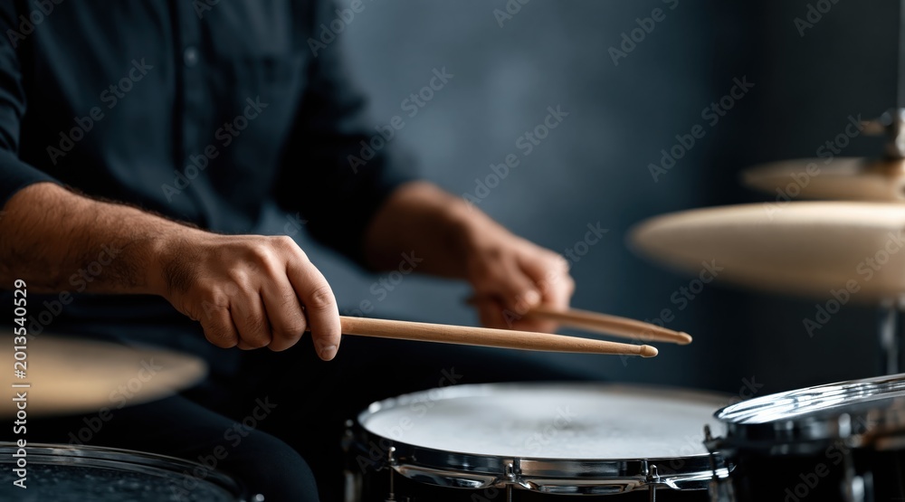 Obraz premium Musician hands playing snare drum with wooden sticks in dark room