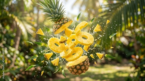 Dynamic exploding fresh pineapple slices with juice droplets in a tropical garden.