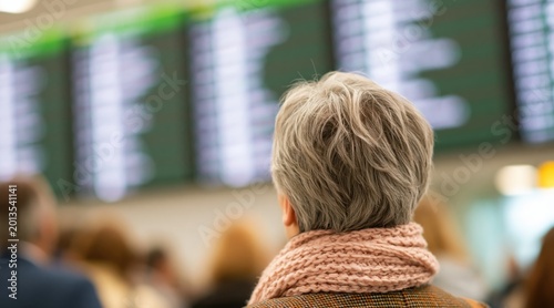 senior woman with grey hair looking at blurred departure board in airport terminal