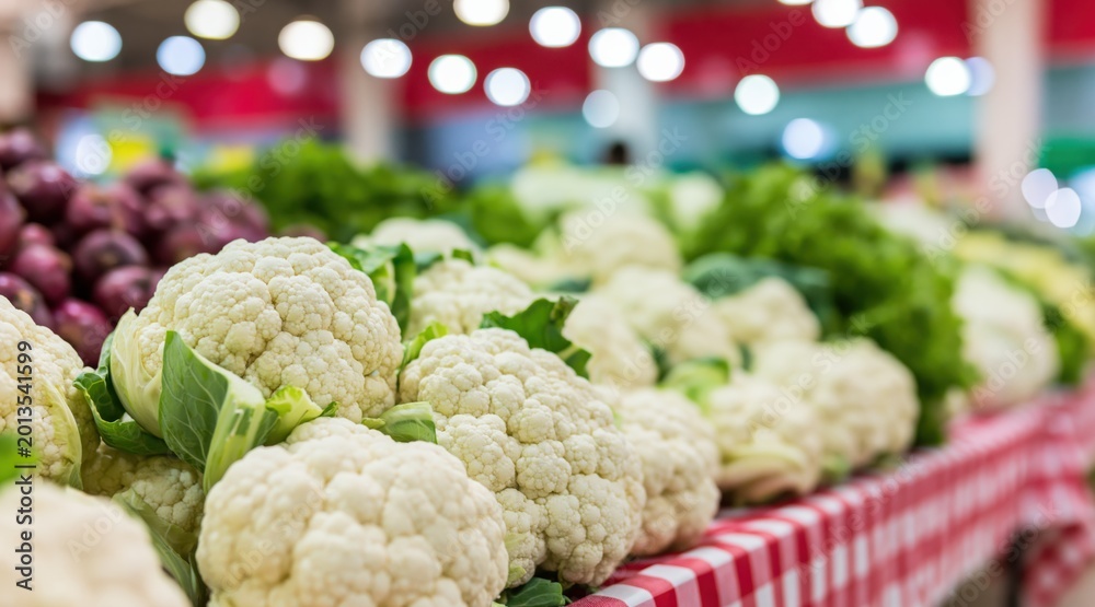Obraz premium Fresh cauliflower heads on display at market stall