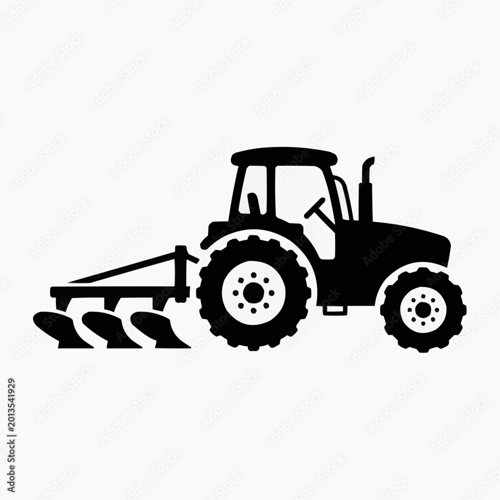Obraz premium Agricultural Plow Tractor Side View Black Silhouette Vector Design