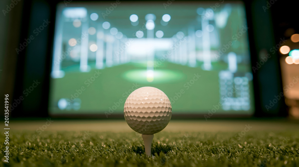 Fototapeta premium Golf ball tee closeup indoor golf practice modern driving range technology focus golf sport detail training