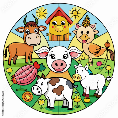 Farm animals arranged in a circular pattern a cow, horse, pig, goat, duck, chicken, and sheep animal