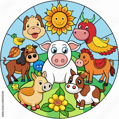 Farm animals arranged in a circular pattern a cow, horse, pig, goat, duck, chicken, and sheep animal