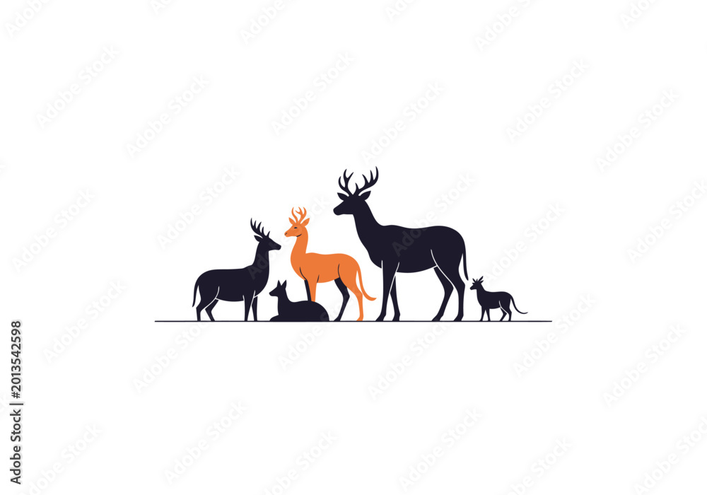 Fototapeta premium Deer Family Silhouette Isolated on White Background