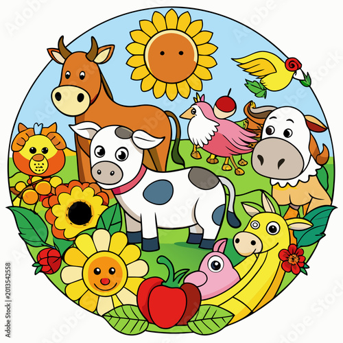 Farm animals arranged in a circular pattern a cow, horse, pig, goat, duck, chicken, and sheep animal