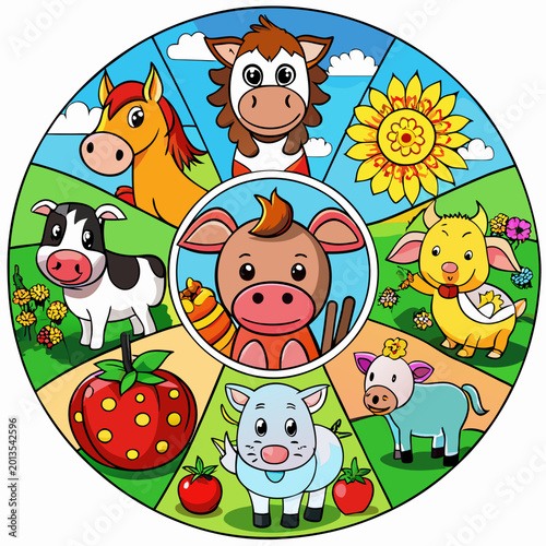 Farm animals arranged in a circular pattern a cow, horse, pig, goat, duck, chicken, and sheep animal