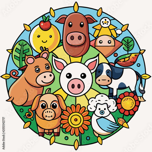 Farm animals arranged in a circular pattern a cow, horse, pig, goat, duck, chicken, and sheep animal
