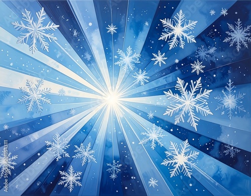 Bright snowflake burst on blue radial background