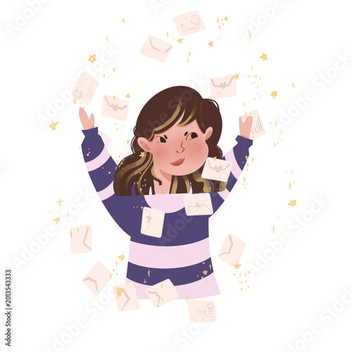 Whimsical Hand-Drawn Illustration of a Girl with Elemental Motifs