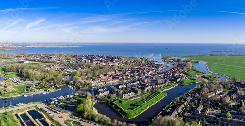 Schilderij op canvas Aerial drone panorama of the historic fortified town of Muiden in the Netherland