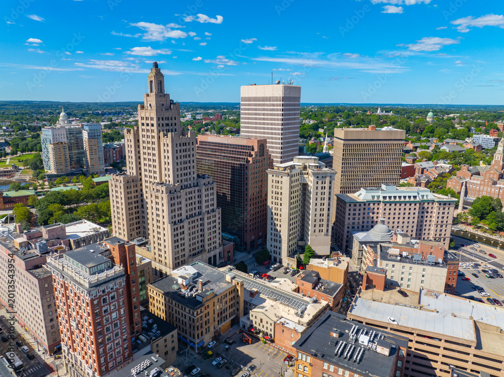 Obraz premium Providence modern city aerial view, including Industrial National Bank Building, One Financial Plaza, Residences Providence in downtown Providence, Rhode Island RI, USA.