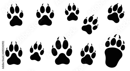 Canvas Print Animal Paw Prints Collection - Black Silhouette on White Background
