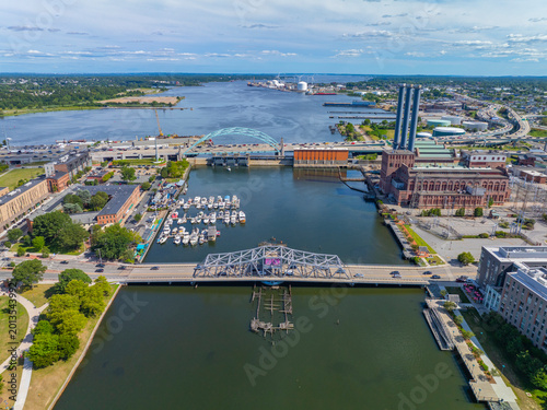Providence River aerial view including Provicence River Bridge, with Narragansett Bay at the background, downtown Providence, Rhode Island RI, USA.