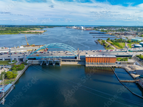 Providence River aerial view including Provicence River Bridge, with Narragansett Bay at the background, downtown Providence, Rhode Island RI, USA.